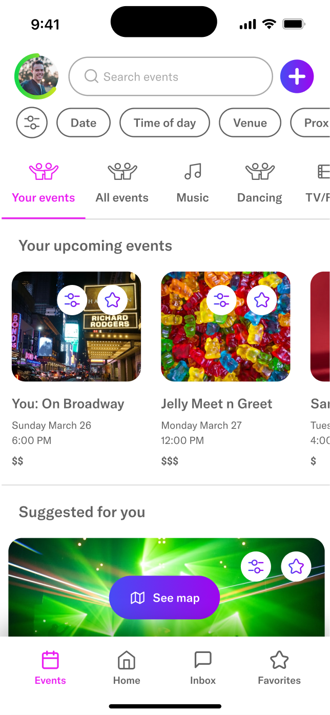 Events screen after usability testing